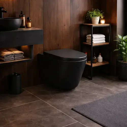 Darby Round Matt Black Rimless Back to Wall Toilet Pan inc Soft Close Seat