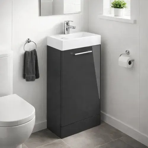 Deltar 410mm Floor Standing 1 Door Basin Unit with Basin, Anthracite Gloss