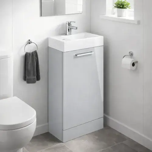 Deltar 410mm Floor Standing 1 Door Basin Unit with Basin, Grey Gloss