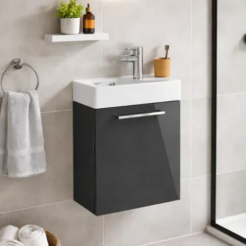 Deltar 410mm Wall Hung 1 Door Basin Unit with Basin, Anthracite Gloss