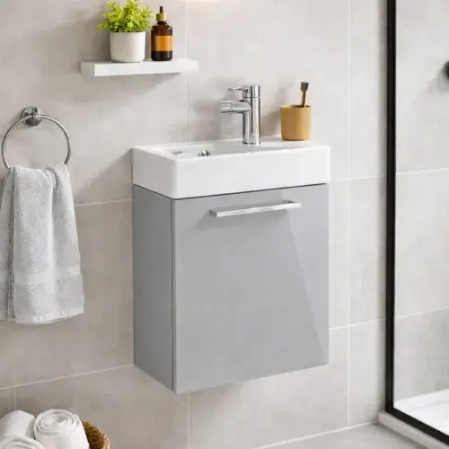 Deltar 410mm Wall Hung 1 Door Basin Unit with Basin, Grey Gloss