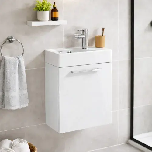 Deltar 410mm Wall Hung 1 Door Basin Unit with Basin, White Gloss
