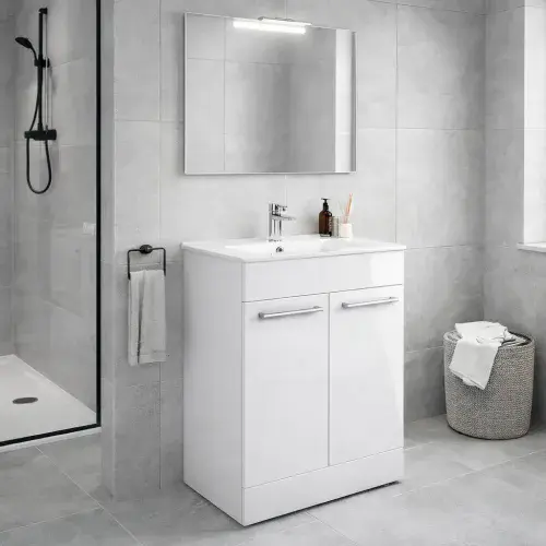 Deltar 610mm Floor Standing 2 Door Basin Unit with Basin, White Gloss