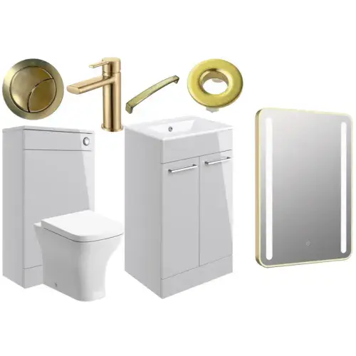 Deltar Light Grey Gloss Furniture Bathroom Suite with Brushed Brass Finishes