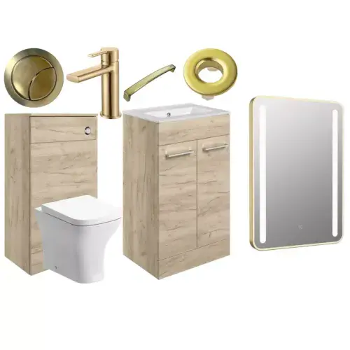Deltar Oak Gloss Furniture Bathroom Suite with Brushed Brass Finishes