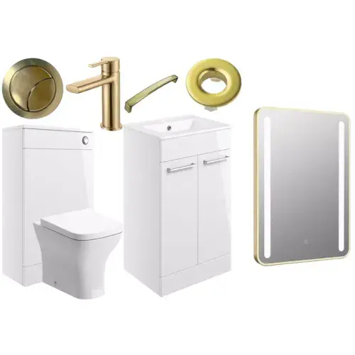 Deltar White Gloss Furniture Bathroom Suite with Brushed Brass Finishes