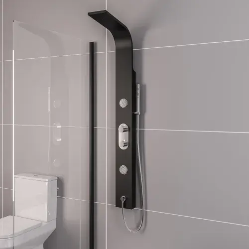Derwent Shower Panel, Thermostatic Valve, Body Jets, Round Shower Handset & Hose - Black & Chrome
