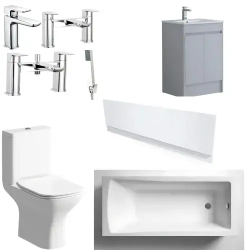 Deva Square Bath, Light Grey Vanity Unit, Bath, Panels, Taps, Close Coupled Toilet and Basin