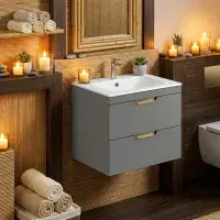 Dust Grey 600 Wall Hung Drawer Unit inc Ceramic Basin, Optional Colour Handles