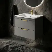 Dust Grey 600 Wall Hung Drawer Unit inc Ceramic Basin, Optional Colour Handles
