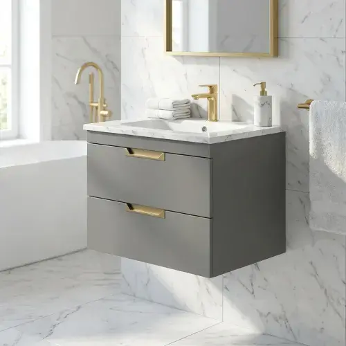 Dust Grey 600 Wall Hung Drawer Unit inc Ceramic Basin, Optional Colour Handles