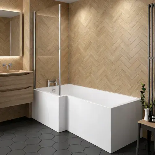 Elite 1800 x 850mm L-Shaped Shower Bath Pack with Glass Screen & Front Panel – Left or Right Hand