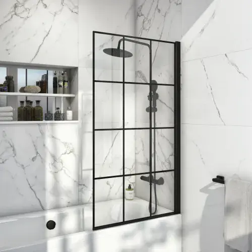 Elite Matt Black Grid Bath Screen – 6mm Easy-Clean Safety Glass (1400x800mm)
