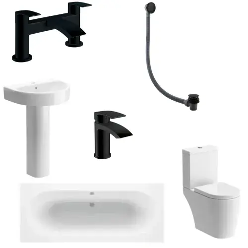 Emery Round Double Ended Reinforced Bath, Pedestal Basin, Close Coupled Toilet, Black, Taps & Waste