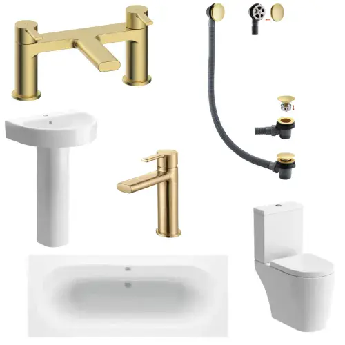 Emery Round Double Ended Reinforced Bath, Pedestal Basin, Close Coupled Toilet, Brass Taps & Waste