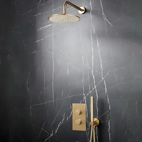 Encore Brushed Brass BIV Shower Pack - Round Head, Handset & Diamond Cross Hatch Valve Handles