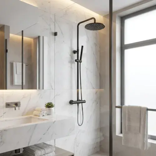 Encore Round Rigid Riser Thermostatic Shower Kit - Matt Black