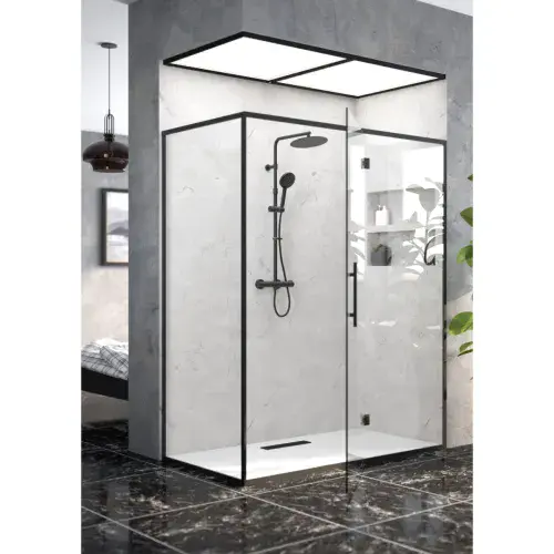 Enzo Black Dual Outlet Safe-Touch Thermostatic Shower with Telescopic Riser Kit, Overhead Soaker and Multi Function Handset