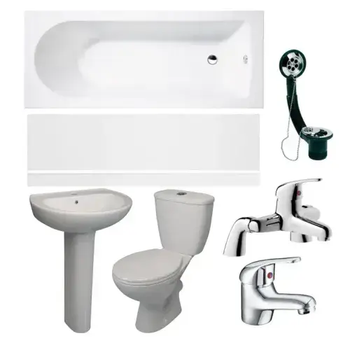 Essential Bathroom Suite with Bath, Toilet, Basin Set, Taps and Wastes