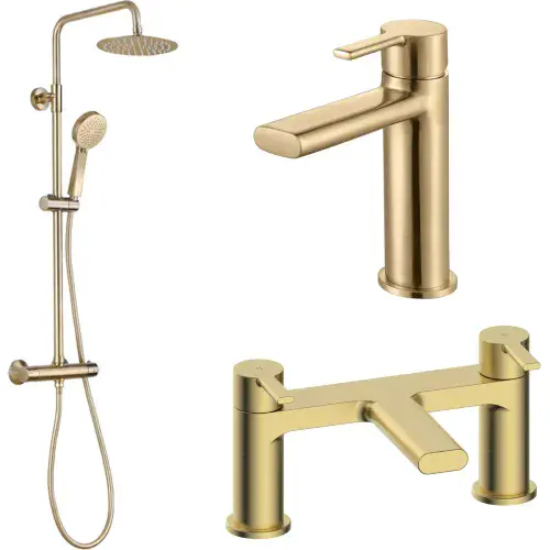 Evolve Brushed Brass Shower & Tap Bundle Pack | Bathcenter