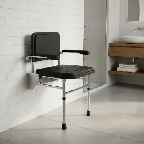 Fitzroy Folding Shower Seat with Back Rest, Arms and Legs - Black & Polished Chrome