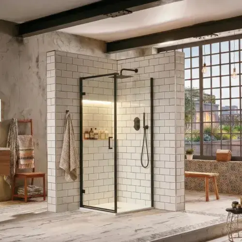 Frontline Aquaglass Purity Hinged Shower Door | 6mm Aquashield Easy Clean Glass | Matt Black