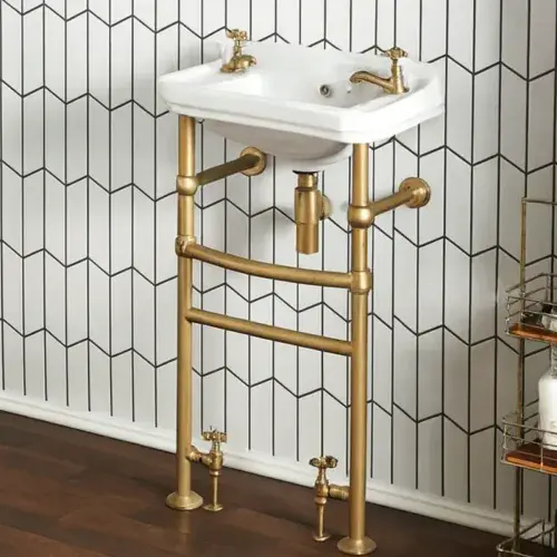 Frontline Holborn Heated Basin Washstand & Towel Rail | Brushed Brass | 500mm (2 Tap Hole)
