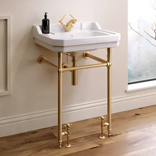 Frontline Holborn Traditional 610mm Basin Washstand with Heated Towel Rail | Brushed Brass