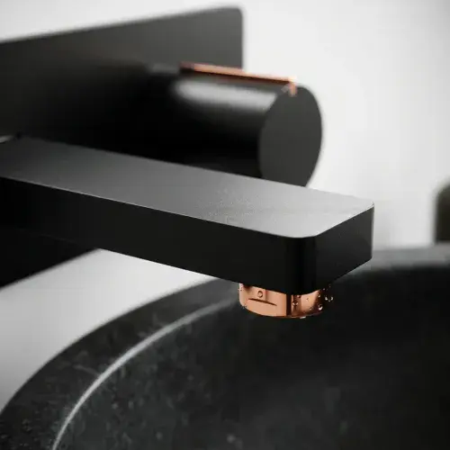 Frontline Velar Wall Mounted Mono Basin Mixer Tap - Black with Bold Copper Accents