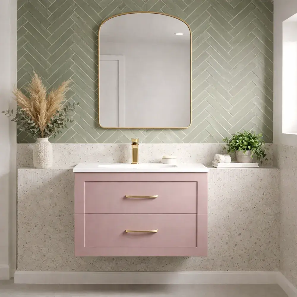 Genevieve 615mm Matt Pink 2 Drawer Wall Hung Vanity Unit inc Basin Genevieve 615mm Matt Pink 2 Drawer Wall Hung Vanity Unit inc Basin