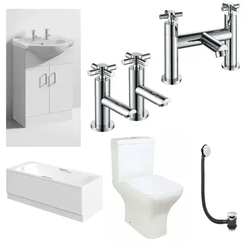 Granada Bathroom Pack with Bath, 2 Tap Hole Basin Unit, Taps and Toilet