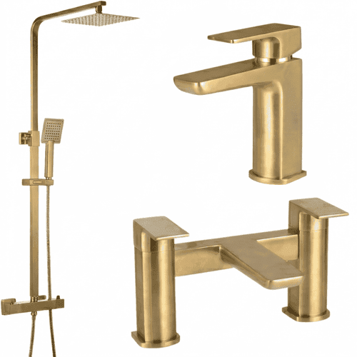 Hadleigh Luxury Brushed Brass Bathroom Bundle: Square Rainfall Shower & Matching Tap Set