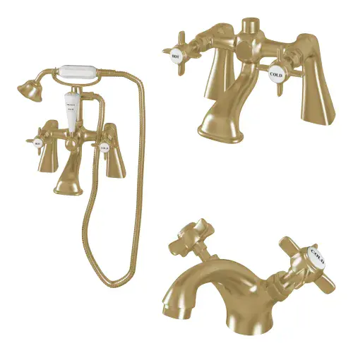 Haymarket Brushed Brass Bathroom Tap Set - Basin Mono, Bath Filler & Bath Shower Mixer with Kit