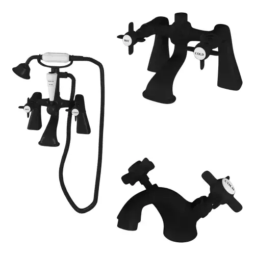 Haymarket Matt Black Bathroom Tap Set - Basin Mono, Bath Filler & Bath Shower Mixer with Kit
