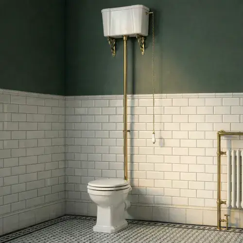 Holborn Traditional High Level Toilet | Brushed Brass Pipe & Lever Handle