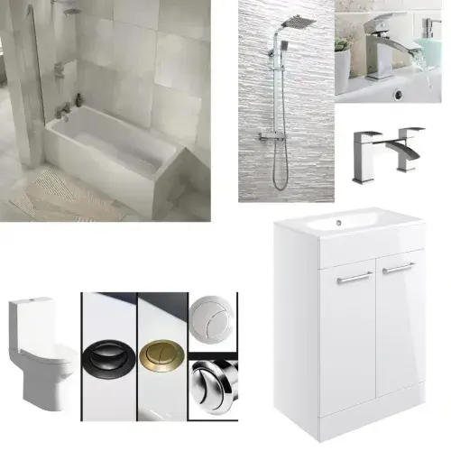 IBath Shower Bath with Bath Screen, Serpens Toilet, Vanity Unit, Shower & Taps Pack
