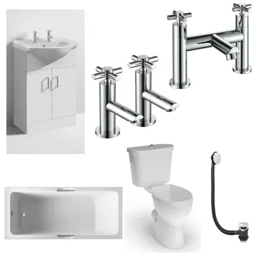 Icare Assist Bathroom Pack with Low Height Bath, Raised Height Toilet and 2 Tap Hole Vanity Unit