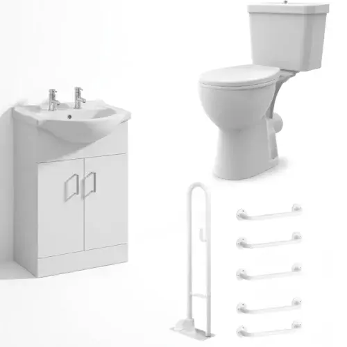 Icare Bathroom Pack with Comfort Height Toilet, Grab Rails & 2 Tap Hole Vanity - Push Button Cistern