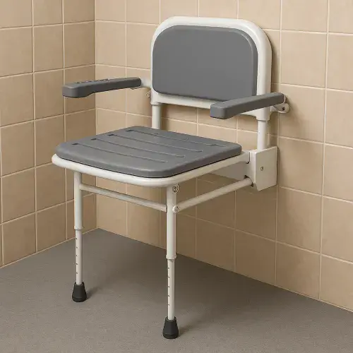 iCare Folding Shower Seat with Back Rest, Arms and Legs - White & Grey
