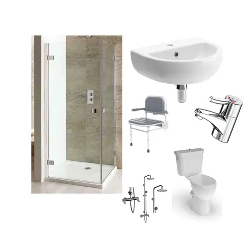 ICare Shower Bathroom Suite, Raised Toilet, Chair, Shower, Basin and Basin Mixer
