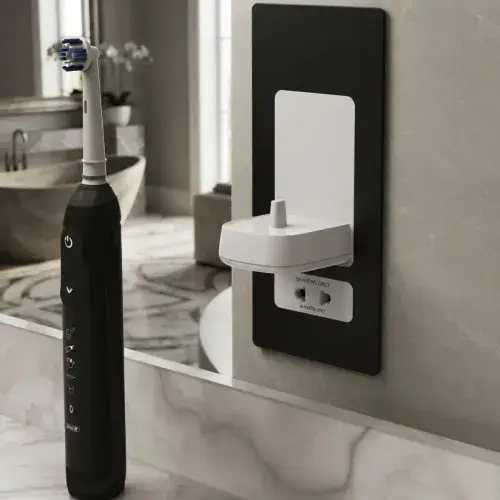 In-Wall Single Electric Toothbrush Charger, Holder & Shaver Socket – Matt Black / White