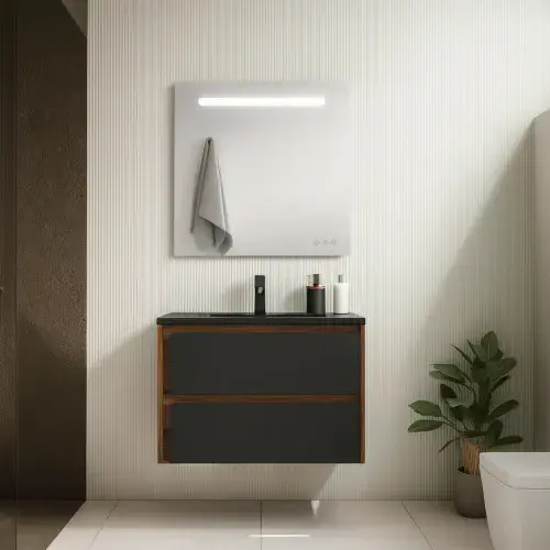 Indico 800mm Matt Black/Walnut Wall Hung Two Drawer Unit inc Basin