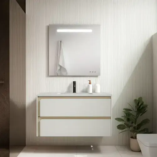 Indico 800mm Matt White/Oak Wall Hung Two Drawer Unit inc Basin