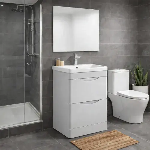 Kalmar Waterproof 600mm, 2 Drawer Vanity Unit and Ceramic Basin Gloss Light Grey