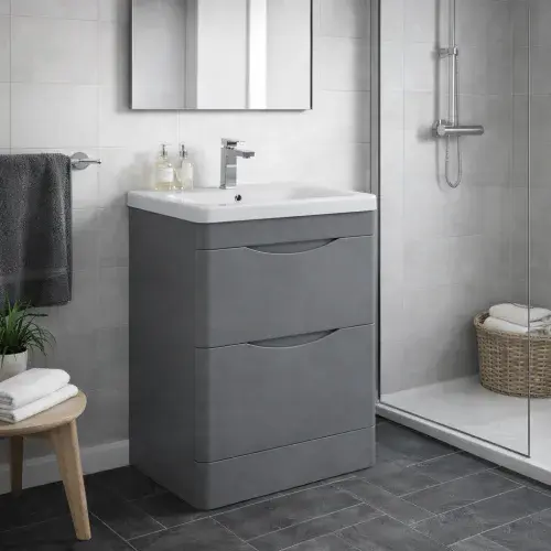 Kalmar Waterproof 600mm, 2 Drawer Vanity Unit and Ceramic Basin | Gloss Mid Grey