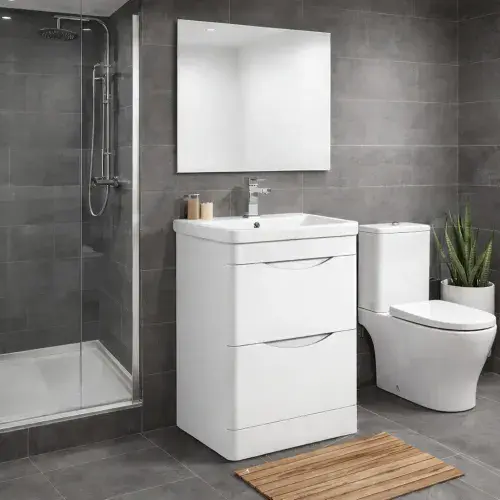 Kalmar Waterproof 600mm, 2 Drawer Vanity Unit and Ceramic Basin Gloss White