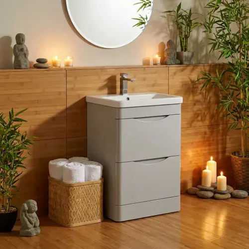 Kalmar Waterproof 600mm, 2 Drawer Vanity Unit | Ceramic Basin | Gloss Light Grey
