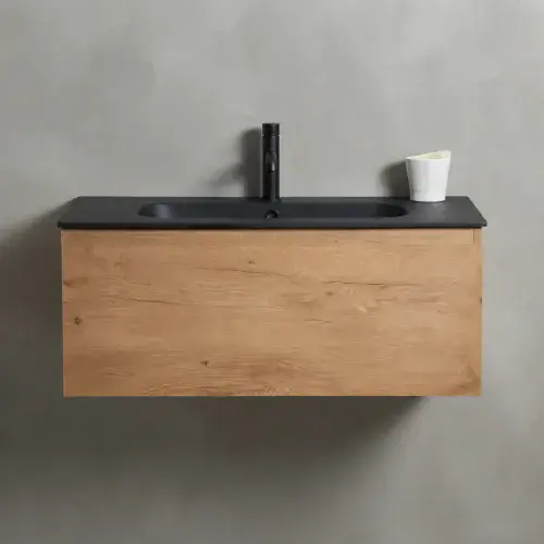Kimba 900mm Oak Wall Hung Vanity Unit with Matt Black Basin