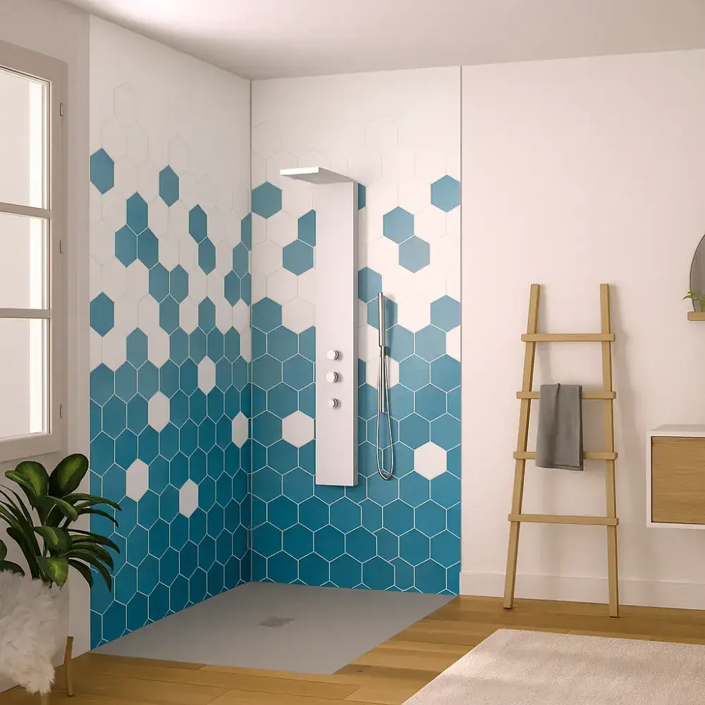Kinewall Blue Monochrome Hexagon 1250mm x 2500mm Shower Wall Panel