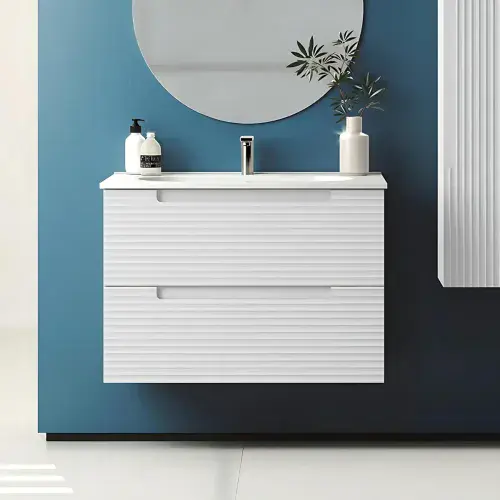 Kyoto 600mm Gloss White Wall Hung Fluted Vanity Unit | Includes Mid-Edge Ceramic Basin